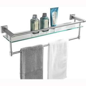 JQK Bathroom Glass Shelf, Stainless Steel Large Towel Rack with 24 Inch Bar, Towel Holder Brushed Wall Mount